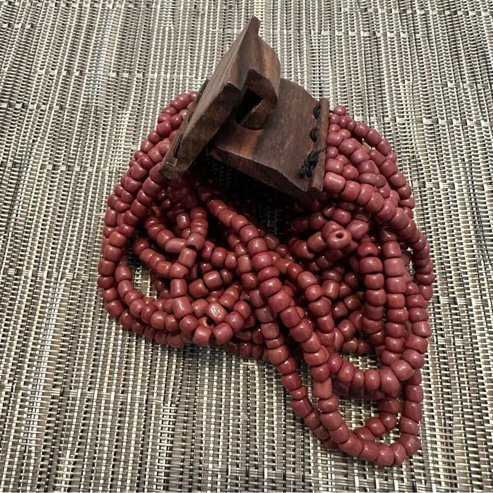 Bali Maroon Brown 14 Strand Bead Bracelet Wood Clasp Hard Wood Boho Casual